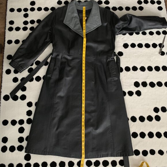 Vintage 70s Leather Maxi Trench Coat Small Black Belted Retro Long Overcoat - Picture 16 of 16